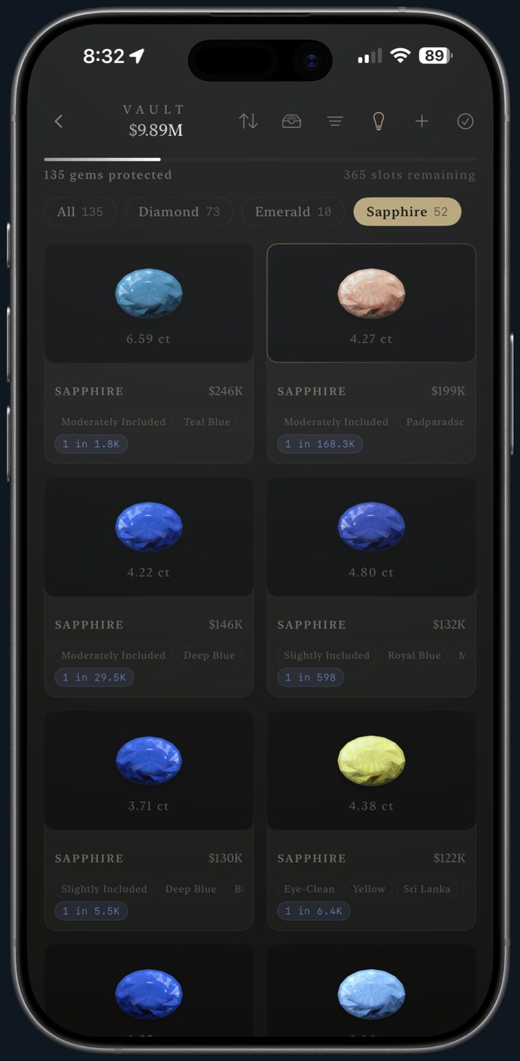 Vault filtered to sapphires with occurrence odds